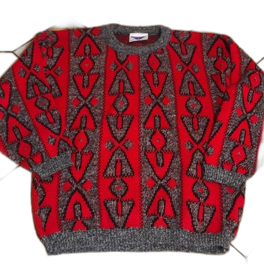 Justin Allen Sweater Women's Vintage Geometric‎ Knit Red Grey Medium